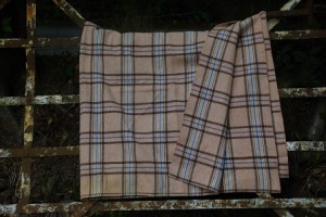 Narrow width Welsh blanket. Carmarthenshire plaid. Buff and Chocolate with Royal Blue NL82